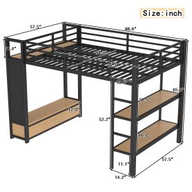 Metal Full Size Loft Bed Frame With Wardrobe, Storage Shelves And Pegboard