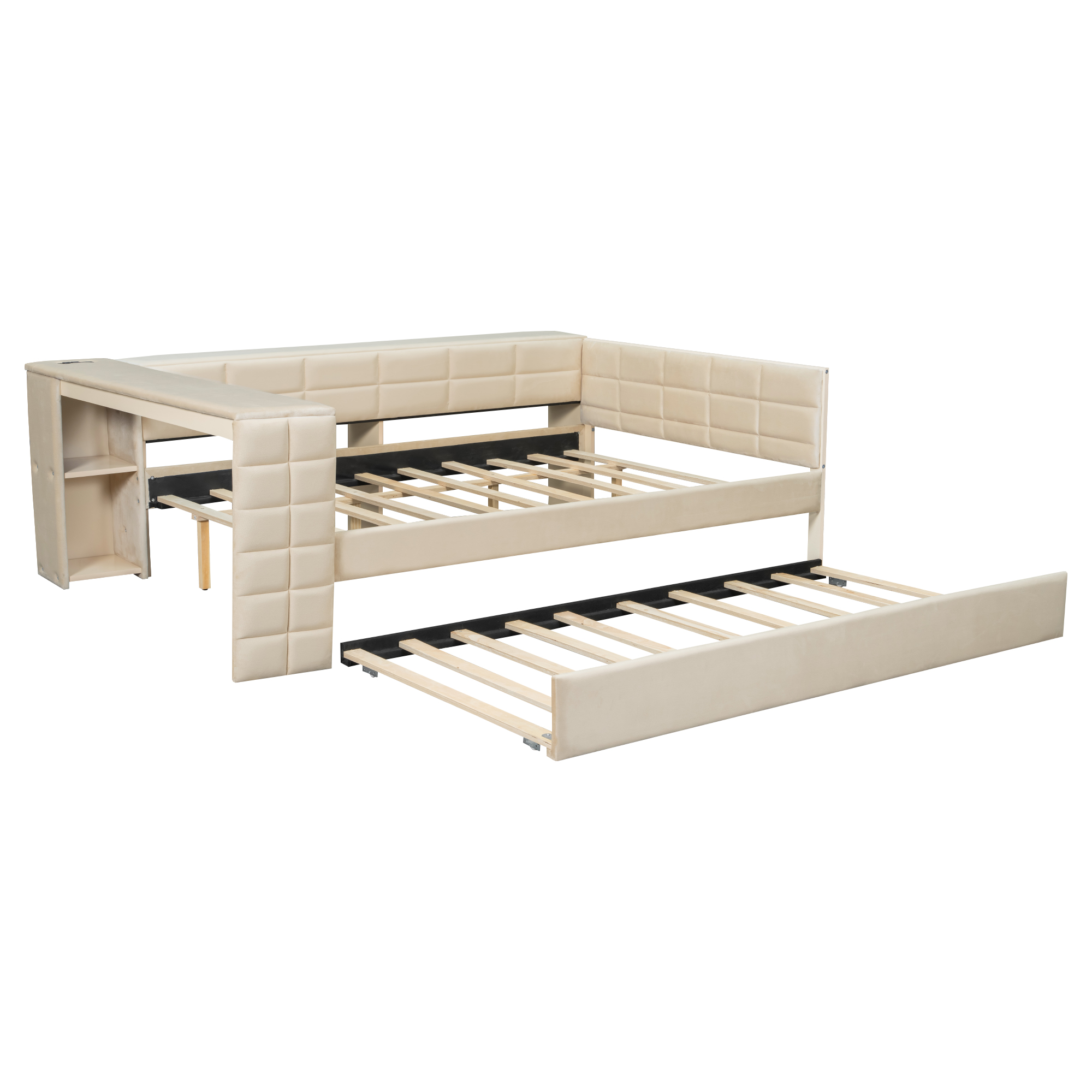 Full Size Upholstered Platform Bed with Storage Shelves, Desk, Charging Station and Trundle 23 Full Size Upholstered Platform Bed with Storage Shelves, Desk, Charging Station and Trundle