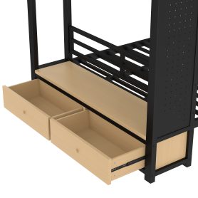 Metal Full Over Full Size Bunk Bed With Storage Shelves, Drawers and Pegboard