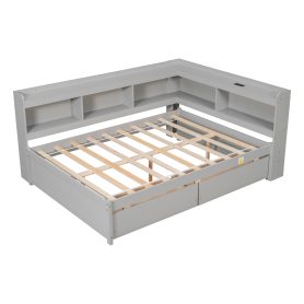 Full Size L-shaped Bookcases Bed with Power Outlets, USB Charging Ports,Two Drawers