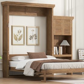 Queen Size Murphy Bed with Multiple Storage Shelves and Louvered Style Decoration