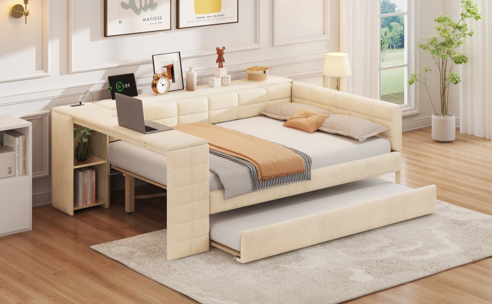 Full Size Upholstered Platform Bed with Storage Shelves, Desk, Charging Station and Trundle 7 Full Size Upholstered Platform Bed with Storage Shelves, Desk, Charging Station and Trundle