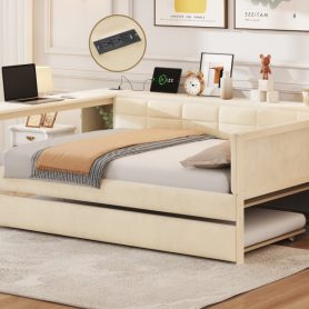 Full Size Upholstered Platform Bed with Storage Shelves, Desk, Charging Station and Trundle 28 Full Size Upholstered Platform Bed with Storage Shelves, Desk, Charging Station and Trundle