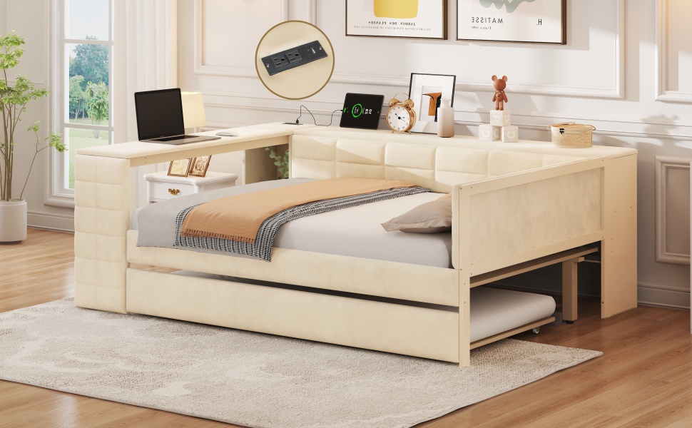 Full Size Upholstered Platform Bed with Storage Shelves, Desk, Charging Station and Trundle 8 Full Size Upholstered Platform Bed with Storage Shelves, Desk, Charging Station and Trundle