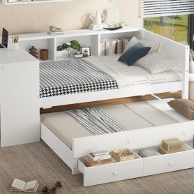Twin Size Daybed With Trundle, Storage Drawers And Side Shelves 30 Twin Size Daybed With Trundle, Storage Drawers And Side Shelves