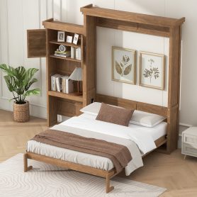 Queen Size Murphy Bed with Multiple Storage Shelves and Louvered Style Decoration