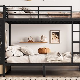 Metal Full Over Full Size Bunk Bed With Storage Shelves, Drawers and Pegboard