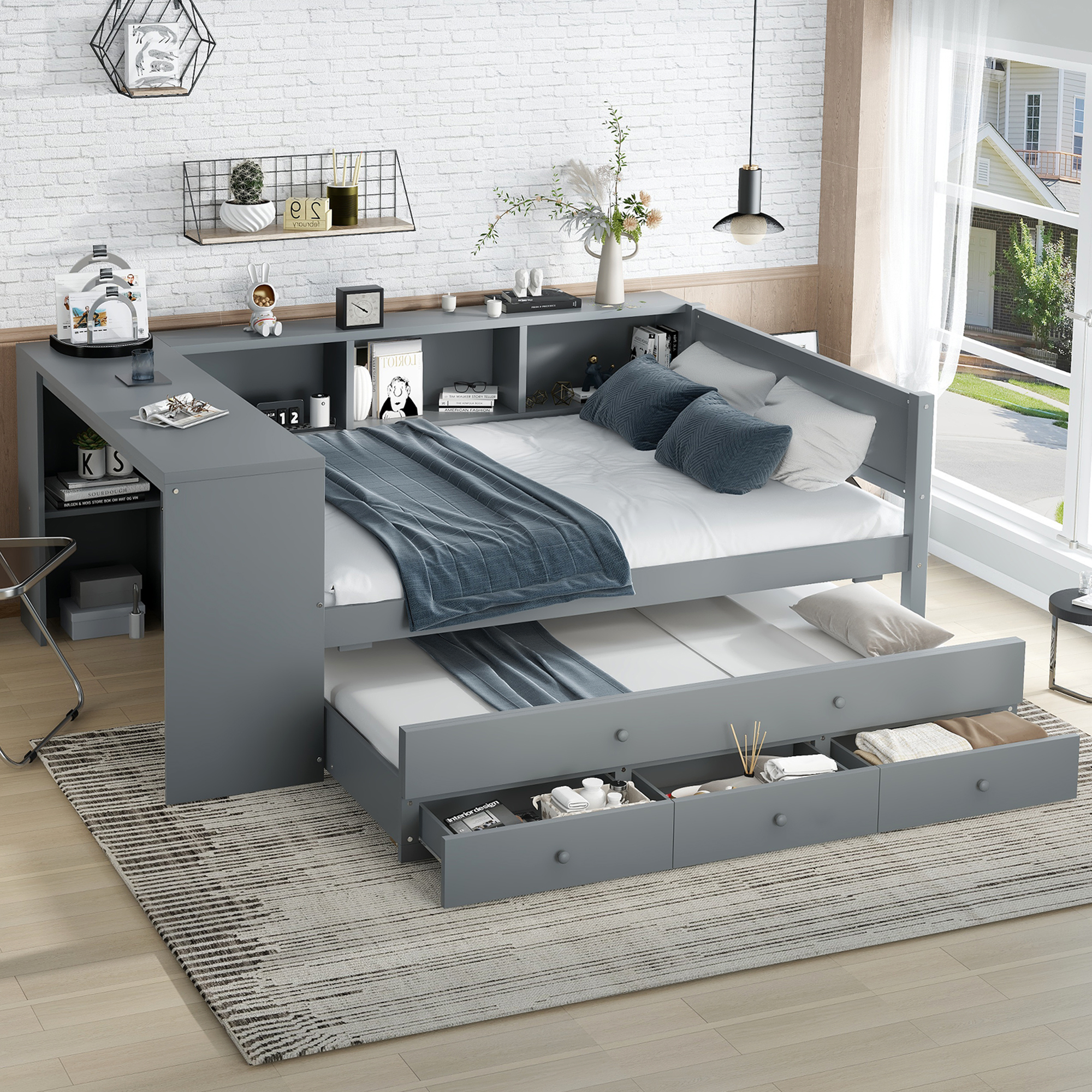 Full Size Daybed With Trundle, Storage Drawers And Side Shelves