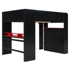 Full Size Wood Bunk Bed with height-adjustable Desk,Wardrobe,Ample Storage Space,and RGB Light
