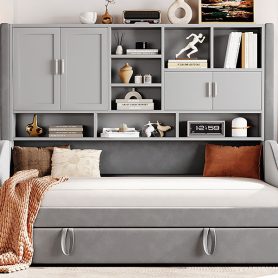 Twin Size Upholstered Daybed with LED Armrest Lights, Storage Shelves & Cabinets