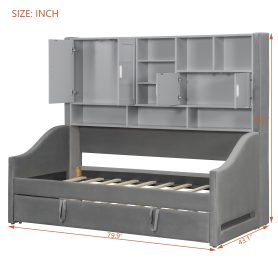 Twin Size Upholstered Daybed with LED Armrest Lights, Storage Shelves & Cabinets