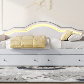 Full Size Upholstered Daybed with LED and 2 Drawers