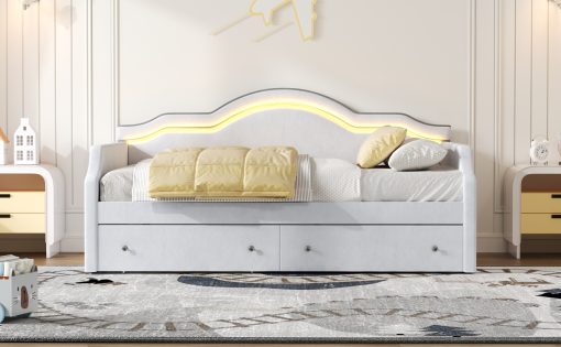 Full Size Upholstered Daybed with LED and 2 Drawers