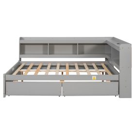 Full Size L-shaped Bookcases Bed with Power Outlets, USB Charging Ports,Two Drawers