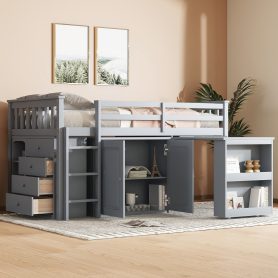 Rubber Wood Twin Loft Bed With Storage Cabinet, Drawer And Shelf Cabinet And Pulling-out Desk