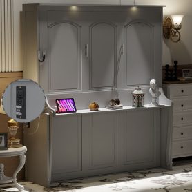 Queen Size Murphy Bed with Desk, LED Lights and USB Charging Station