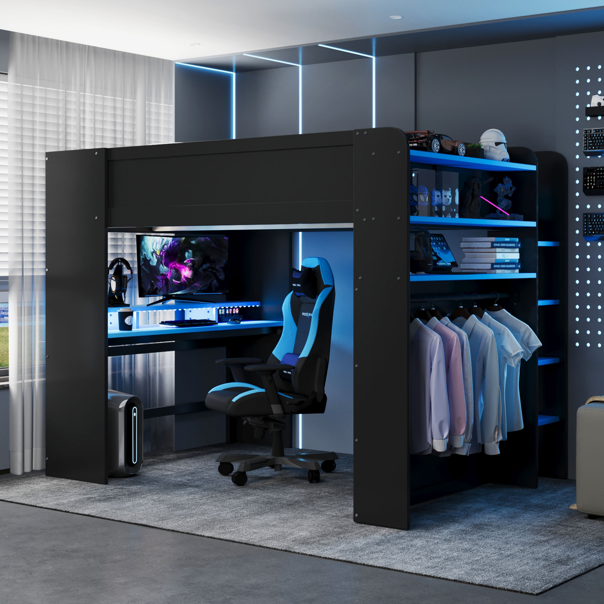 Full Size Wood Bunk Bed with height-adjustable Desk,Wardrobe,Ample Storage Space,and RGB Light