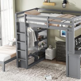 Solid Wood Full Xl/Full Over Twin Bunk Bed With Dismountable Lower Bed, Desk, Built-in Shelves And Wardrobe