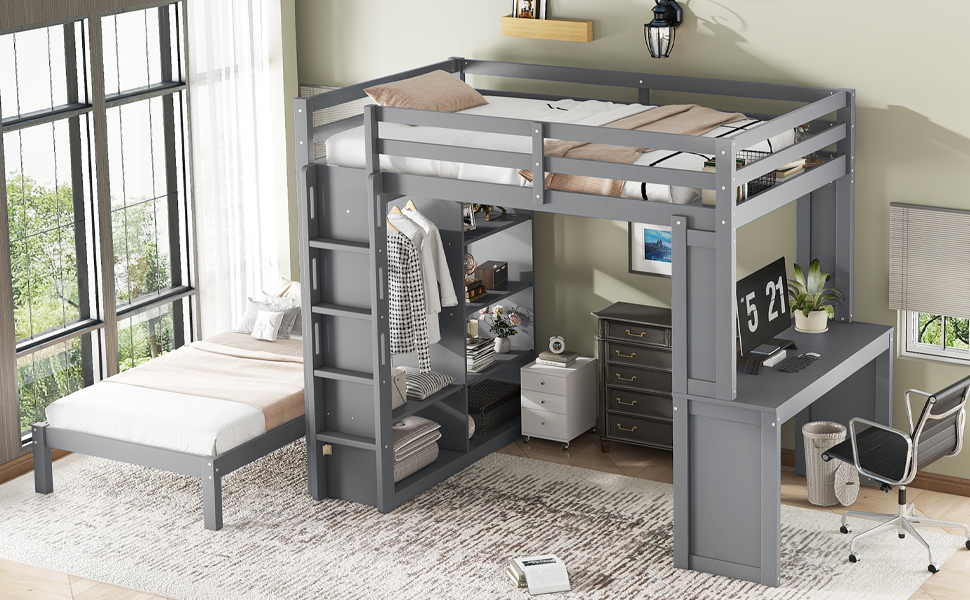 Solid Wood Full Xl/Full Over Twin Bunk Bed With Dismountable Lower Bed, Desk, Built-in Shelves And Wardrobe