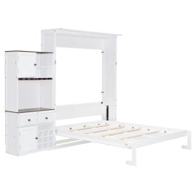 Queen Size Murphy Bed With Storage Cabinet, Wine Rack, Glass Holder, Drawers And Multi-color LED Strip