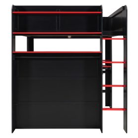 Full Size Wood Bunk Bed with height-adjustable Desk,Wardrobe,Ample Storage Space,and RGB Light