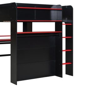 Full Size Wood Bunk Bed with height-adjustable Desk,Wardrobe,Ample Storage Space,and RGB Light