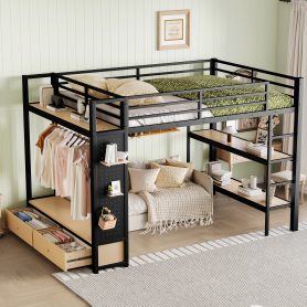 Metal Queen Size Loft Bed Frame With Wardrobe, Storage Shelves And Pegboard