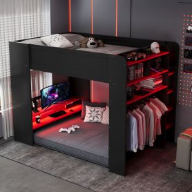 Full Size Wood Bunk Bed with height-adjustable Desk,Wardrobe,Ample Storage Space,and RGB Light