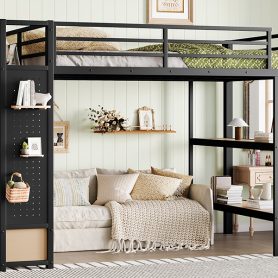 Metal Queen Size Loft Bed Frame With Wardrobe, Storage Shelves And Pegboard