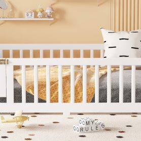 Full Size Floor Bed with Safety Guardrail and Door