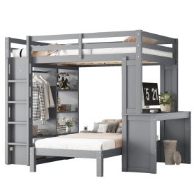Solid Wood Full Xl/Full Over Twin Bunk Bed With Dismountable Lower Bed, Desk, Built-in Shelves And Wardrobe