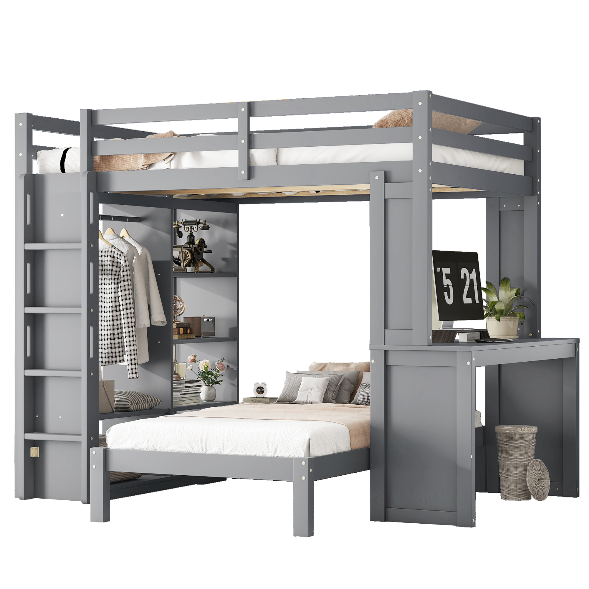 Solid Wood Full Xl/Full Over Twin Bunk Bed With Dismountable Lower Bed, Desk, Built-in Shelves And Wardrobe