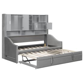 Twin Size Upholstered Daybed with LED Armrest Lights, Storage Shelves & Cabinets