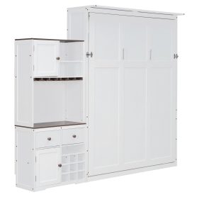 Queen Size Murphy Bed With Storage Cabinet, Wine Rack, Glass Holder, Drawers And Multi-color LED Strip