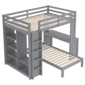 Solid Wood Full Xl/Full Over Twin Bunk Bed With Dismountable Lower Bed, Desk, Built-in Shelves And Wardrobe