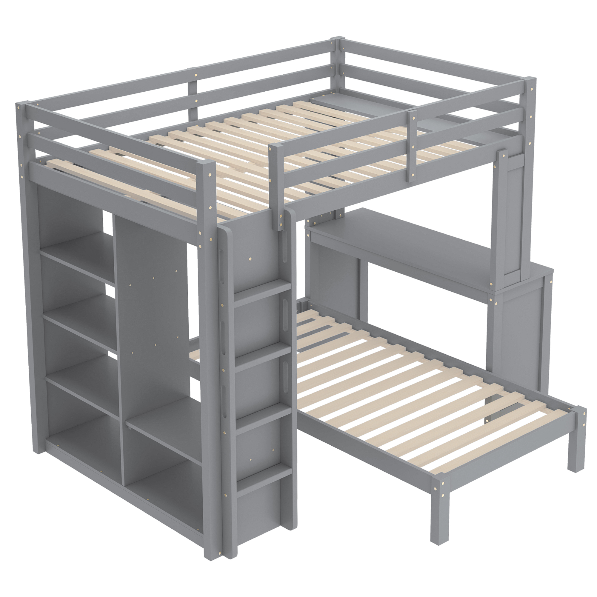 Solid Wood Full Xl/Full Over Twin Bunk Bed With Dismountable Lower Bed, Desk, Built-in Shelves And Wardrobe