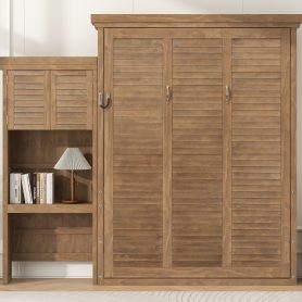 Queen Size Murphy Bed with Multiple Storage Shelves and Louvered Style Decoration