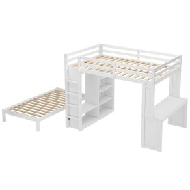 Solid Wood Queen Over Twin Bunk Bed With Dismountable Lower Bed, Desk, Built-in Shelves And Wardrobe