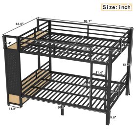 Metal Queen over Queen Size Bunk Bed with Storage Shelves, Drawers and Pegboard