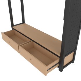 Metal Queen Size Loft Bed Frame With Wardrobe, Storage Shelves And Pegboard