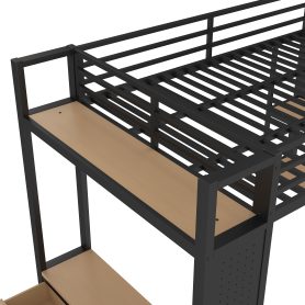 Metal Full Size Loft Bed Frame With Wardrobe, Storage Shelves And Pegboard