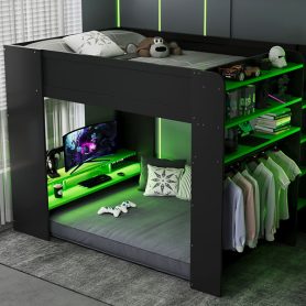 Full Size Wood Bunk Bed with Desk, Wardrobe, Ample Storage Space and RGB Light