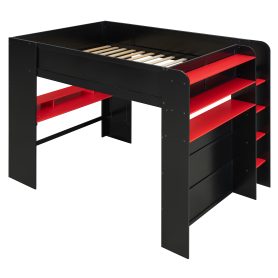 Full Size Wood Bunk Bed with height-adjustable Desk,Wardrobe,Ample Storage Space,and RGB Light