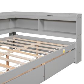 Full Size L-shaped Bookcases Bed with Power Outlets, USB Charging Ports,Two Drawers