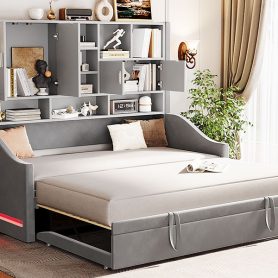 Twin Size Upholstered Daybed with LED Armrest Lights, Storage Shelves & Cabinets