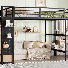 Metal Queen Size Loft Bed Frame With Wardrobe, Storage Shelves And Pegboard
