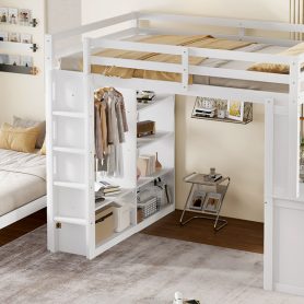 Solid Wood Queen Over Twin Bunk Bed With Dismountable Lower Bed, Desk, Built-in Shelves And Wardrobe