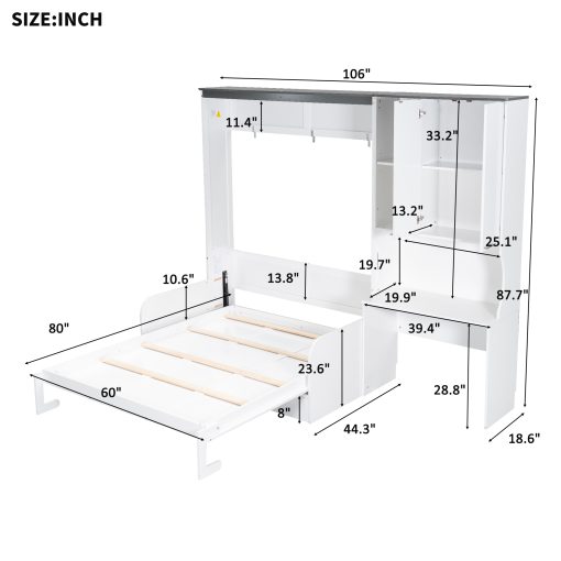 Multi-Functional Murphy Bed with Sofa, Desk, and Storage Cabinet, Queen Size