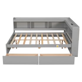 Full Size L-shaped Bookcases Bed with Power Outlets, USB Charging Ports,Two Drawers