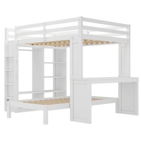 Solid Wood Queen Over Twin Bunk Bed With Dismountable Lower Bed, Desk, Built-in Shelves And Wardrobe